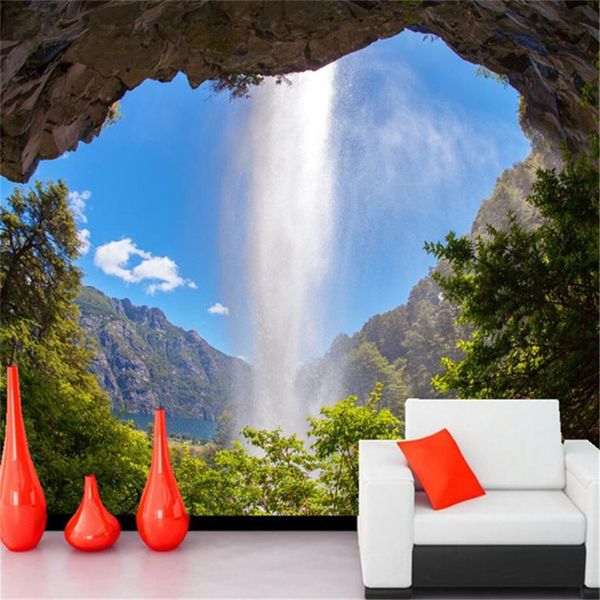 Custom 3D wall mural featuring a scenic mountain river lake forest landscape for living room decor