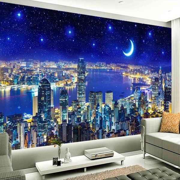 Custom 3D wall murals featuring cityscapes with night views, perfect for decorating living rooms, bedrooms, or studies with waterproof wallpaper