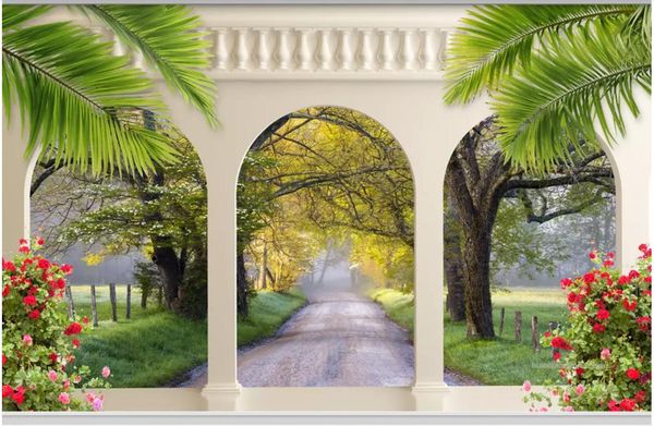 Custom 3D wall murals featuring European archway avenue scenes for living room TV sofa backgrounds