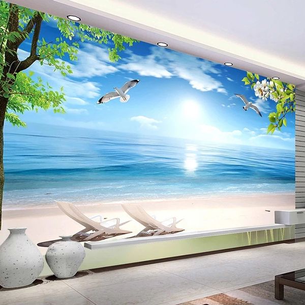 Custom 3D wallpaper featuring a blue beach nature landscape, perfect for large murals in restaurants or living rooms, made of waterproof canvas