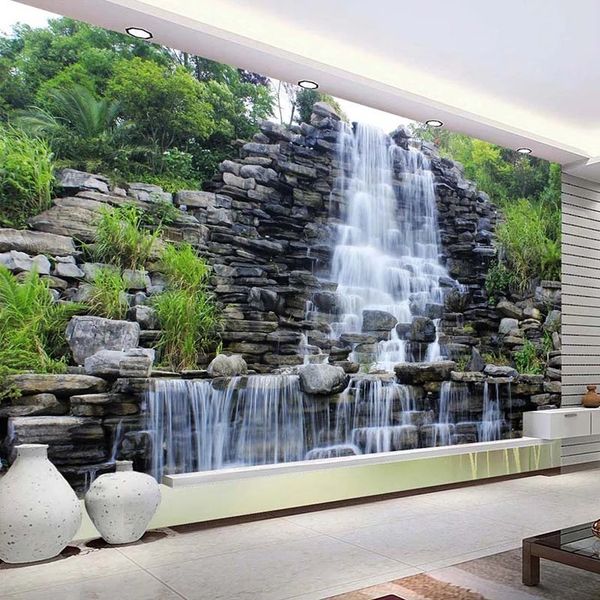 Custom 3D wallpaper featuring a flowing waterfall in a natural landscape, perfect for living room or bedroom wall decor