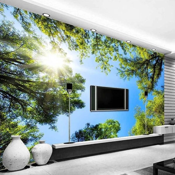 Custom 3D wallpaper featuring a lush green forest, blue sky, sunlight, and natural landscape for kitchen, bedroom, or living room TV background mural with waterproof properties