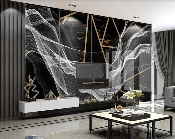 Custom 3D wallpaper featuring elegant abstract lines, luxurious geometric marble patterns for living rooms and bedrooms with atmospheric lighting effects