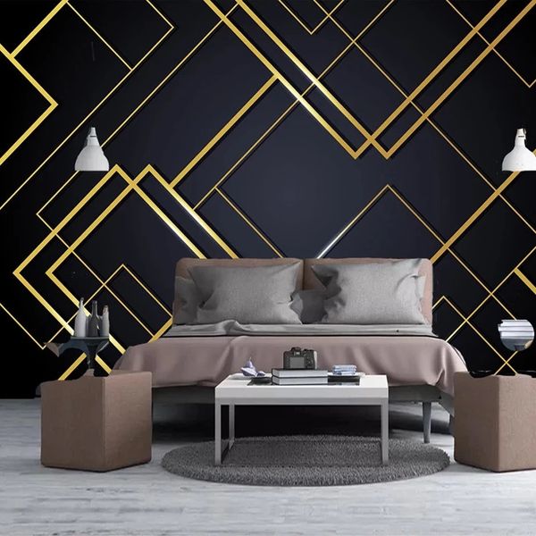 Custom 3D wallpaper featuring golden geometric lines for stylish bedroom and living room decor, perfect as a TV background with waterproof properties