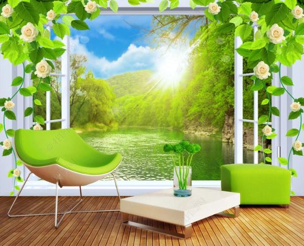 Custom 3D wallpaper featuring green rattan floral window scenery for TV background wall decor in living rooms and bedrooms