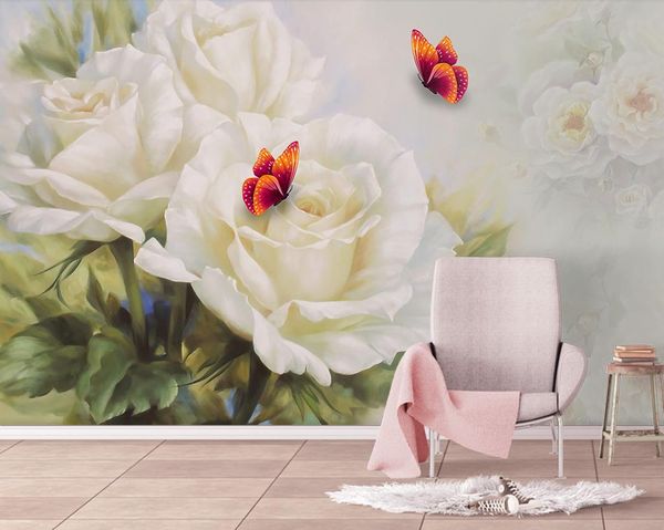 Custom 3D wallpaper featuring white roses and butterflies for bedroom and living room decor, with soundproof wall covering