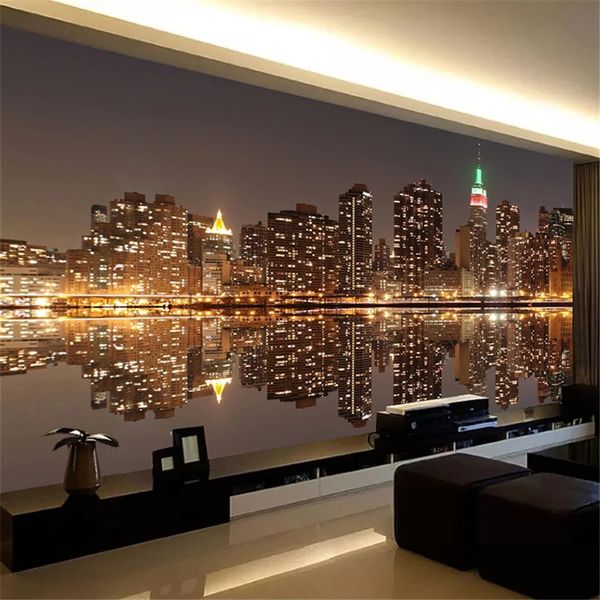 Custom 3D wallpaper for living room featuring a city night view, perfect for bedroom TV backgrounds and home wall decor