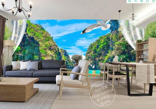 Custom 3D wallpaper mural featuring a scenic balcony sea view for living room and bedroom wall decoration