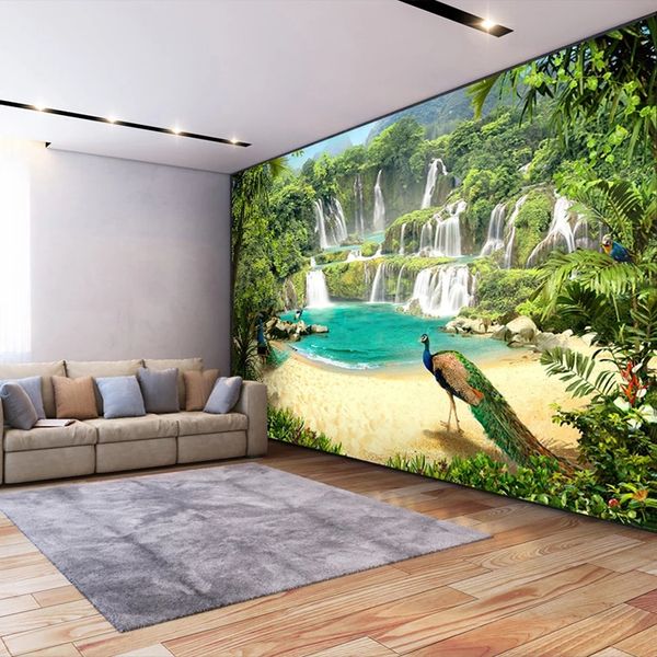 Custom 3D wallpaper murals featuring a waterfall and peacock lake landscape for living room sofa and TV background walls, waterproof design