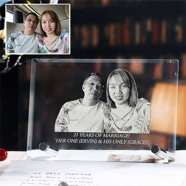 Custom crystal glass clear portrait frame with laser engraving for personalized room decor, gifts for birthdays, weddings, and family keepsakes