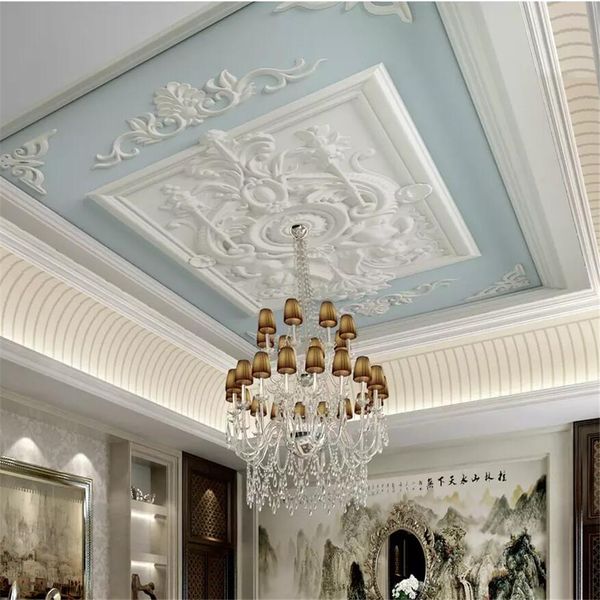 Custom large green mural wallpaper with European embossed carved ceiling and wall designs in white plaster finish