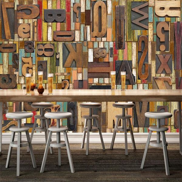 Custom large green murals with retro woodcut English alphabet design for bar and cafe walls, priced at $8.25 (45% off from $15)