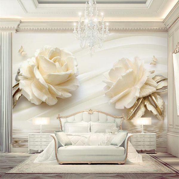 Custom large green wallpaper mural featuring 3D rose water wave reflections for TV background walls