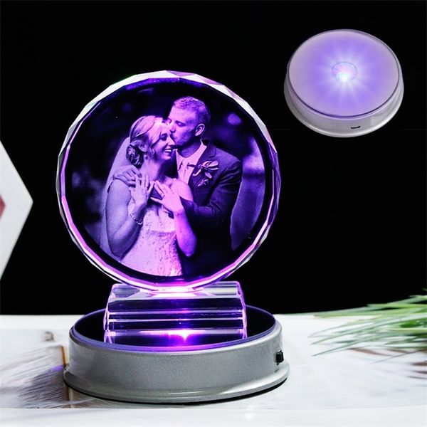 Custom LED-engraved glass photo frame with colorful base, perfect for personalized wedding gifts and souvenirs
