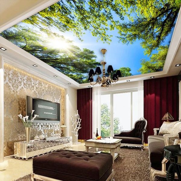 Custom modern green large tree wallpaper for bedroom, living room, hotel, and restaurant ceilings and walls