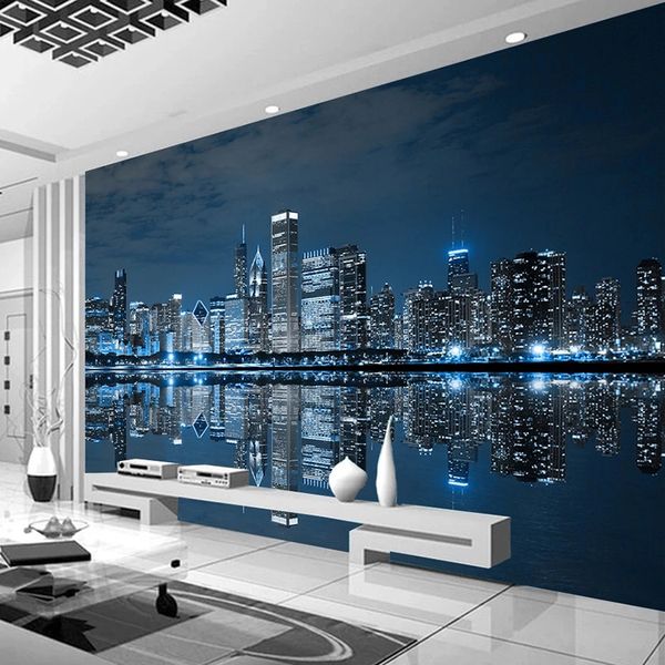 Custom monochrome wallpaper featuring a 3D New York cityscape at night, ideal for living room TV backgrounds