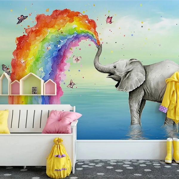 Custom Mural Wallpaper with Hand-Painted Cartoon Elephants for Kids' Bedroom Waterproof Decor