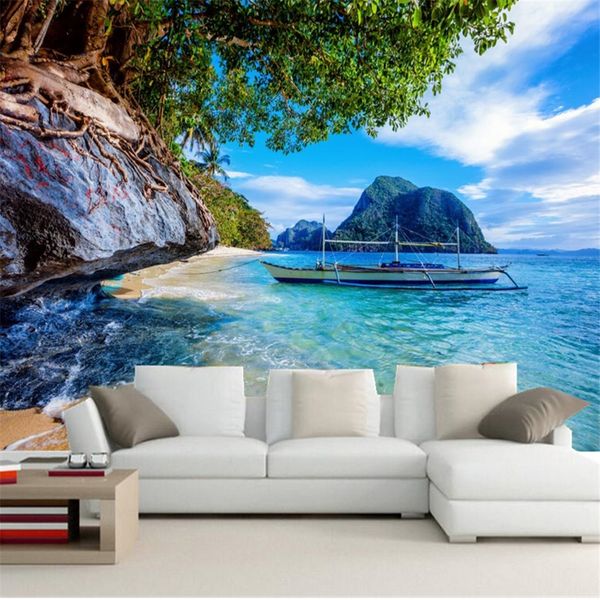 Custom nautical-themed wallpapers for TVs and rooms featuring 3D sea cliff murals