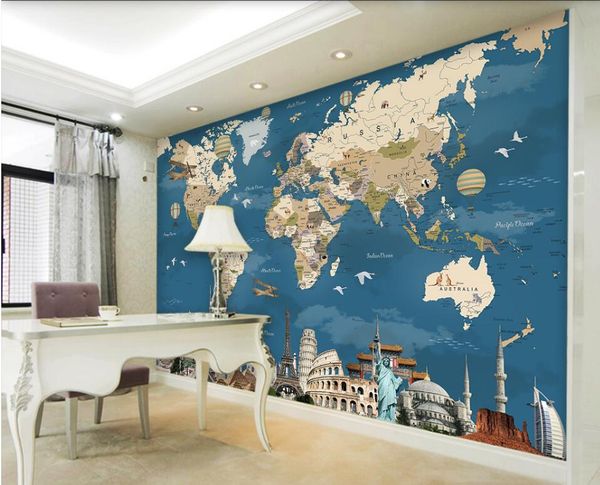 Custom retro world map wallpaper for TV backdrop and kids' room 3D silk fabric mural