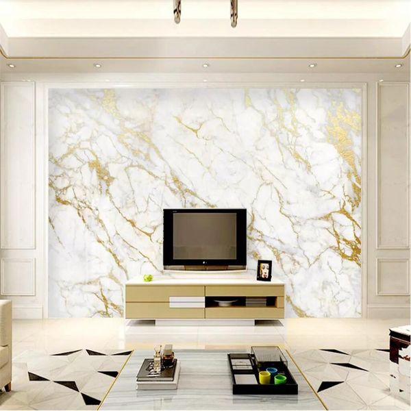 Custom wallpaper featuring gold silk and white marble designs for elegant living room decor