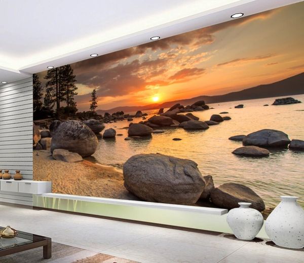 Custom wallpaper mural featuring a seascape reef sunset landscape for home decor in living rooms and bedrooms, available as 3D wallpaper