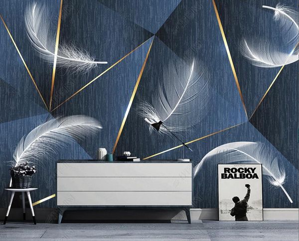 Custom wallpaper mural featuring modern geometric feather designs for home decor in living rooms and bedrooms