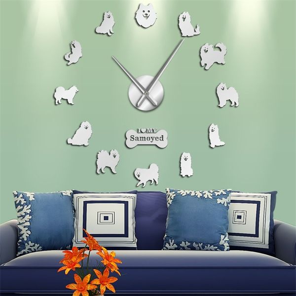 Customizable large wall clock featuring a Samoyed dog portrait, with a frameless acrylic mirror design, silent operation, and adhesive backing for easy home decoration