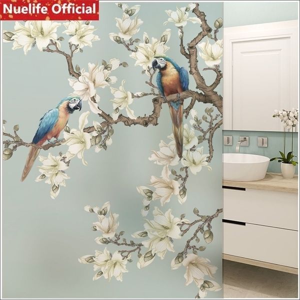 custom-sized static cling window film with floral and bird designs for bathroom or storefront use, no glue needed