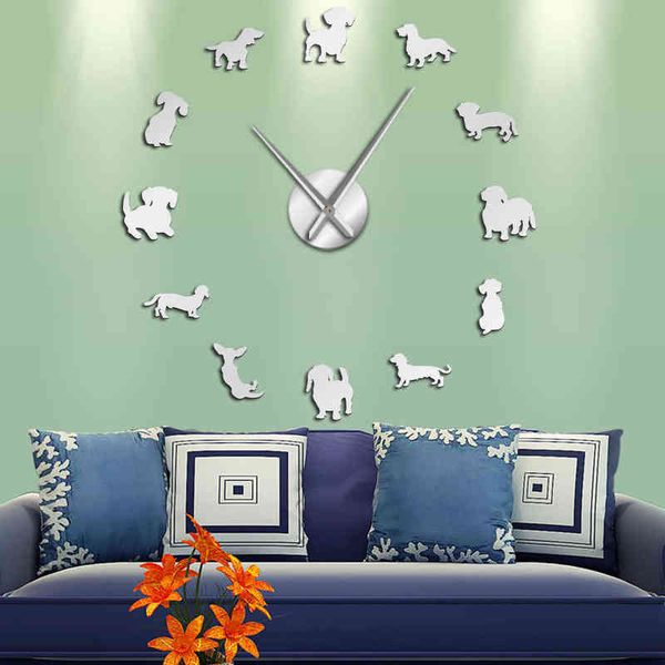 Dachshund-themed large DIY wall clock featuring puppy animals, perfect as pet store decor or a hanging watch gift for dog lovers, model H1230
