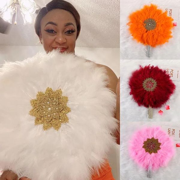 Decorative African Marriage Hand Fans with White Feathers for Bridal Dance and Wedding Performances
