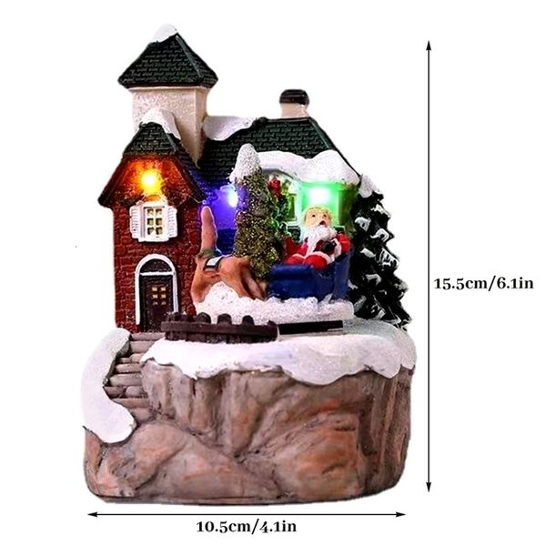 Decorative Christmas figurine featuring a snowy village house with LED lights and a rotating musical Santa