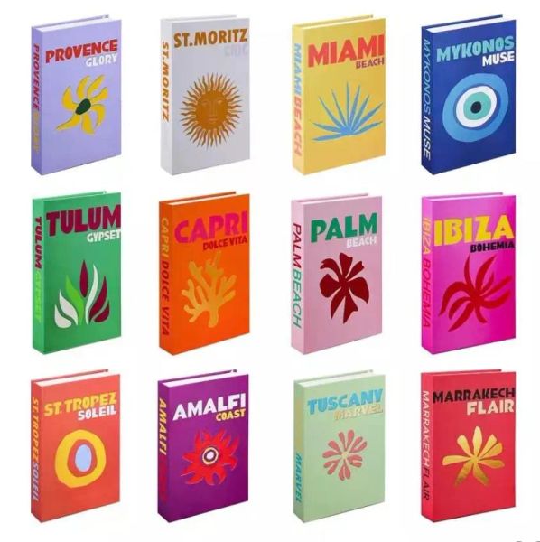 Decorative figurines in vacation style, fake books for coffee table, colorful designer book box for home decor