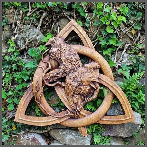 Decorative figurines of Norse pagan gods featuring carved heathen runes, wooden wall hangings for yard, garden, and home decor including statues and door pendants