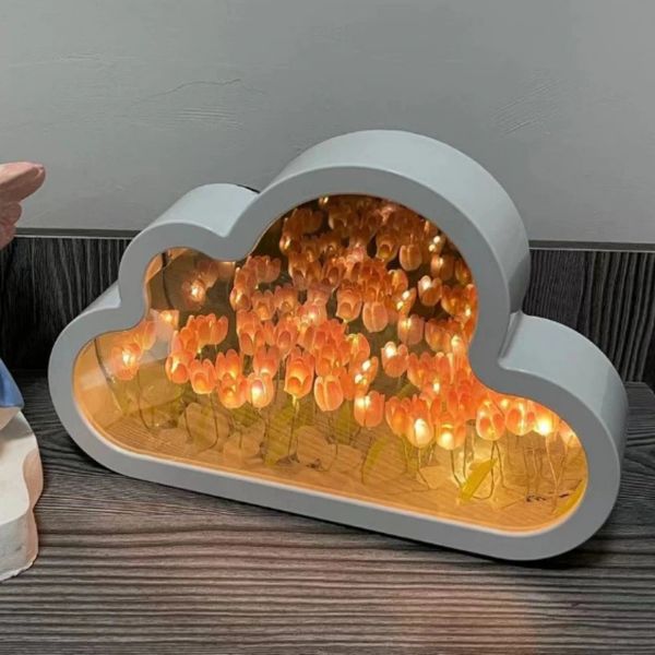 Decorative LED Cloud Tulip Night Light for Bedroom - Handmade Creative Mirror Frame Table Lamp