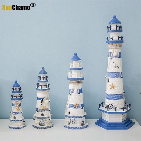 Decorative lighthouse figurine with striped design, Mediterranean-style wooden handicraft for home decoration