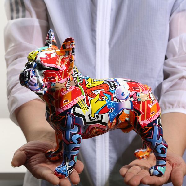 Decorative modern colorful French Bulldog statue for creative office and home decor, wholesale graffiti resin ornaments