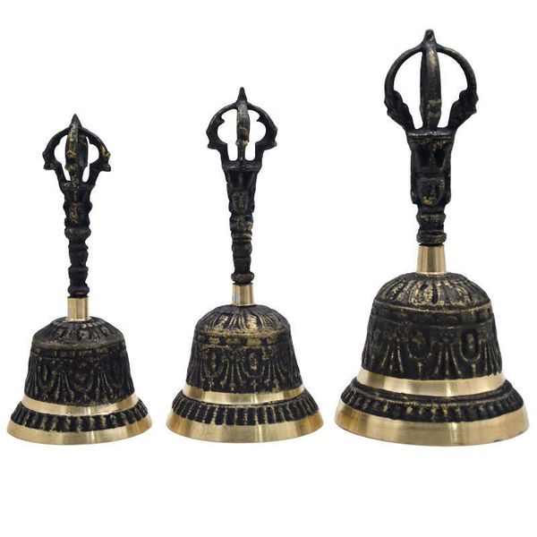 Decorative Objects Figurines Black Brass Handicraft Large Engraved Hand Bell Loud and Clear Sound for School Meditation Church Bronze Bell C