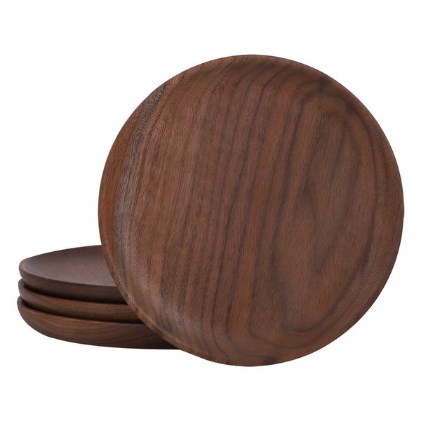 Decorative round wooden plates for stacking, serving meals, and snacks, made from acacia and walnut wood