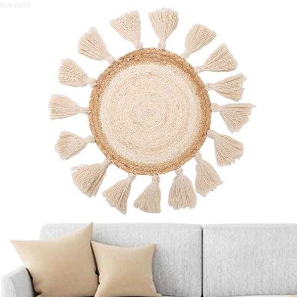 Decorative woven wall hanging with tassels, round boho macrame basket for home and bedroom decor