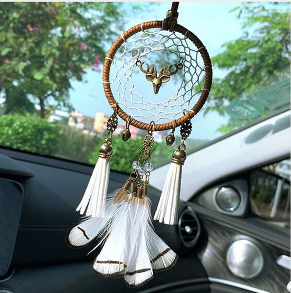 Deer Dream Catcher Car Pendant with Feather Wind Chimes for Auto Interior Hanging Decoration and Home Gift