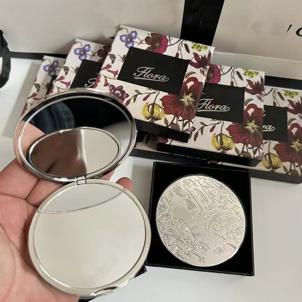 Designer Silver Small Mirror with Classic Logo Pattern, Sculpted Folding Mirror for Women in Pink and Purple, Portable Travel Makeup Mirror