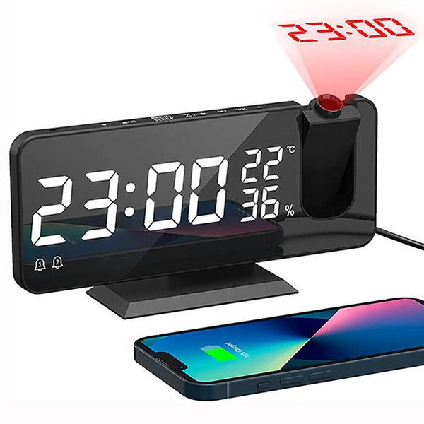 Digital Alarm Clock with Ceiling Projection and USB Charger for Bedroom, FM Radio, Desktop Electronic 220311