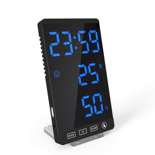 Digital desk clocks with LED mirror display, touch buttons, alarm, thermometer, hygrometer, weather info and USB charging