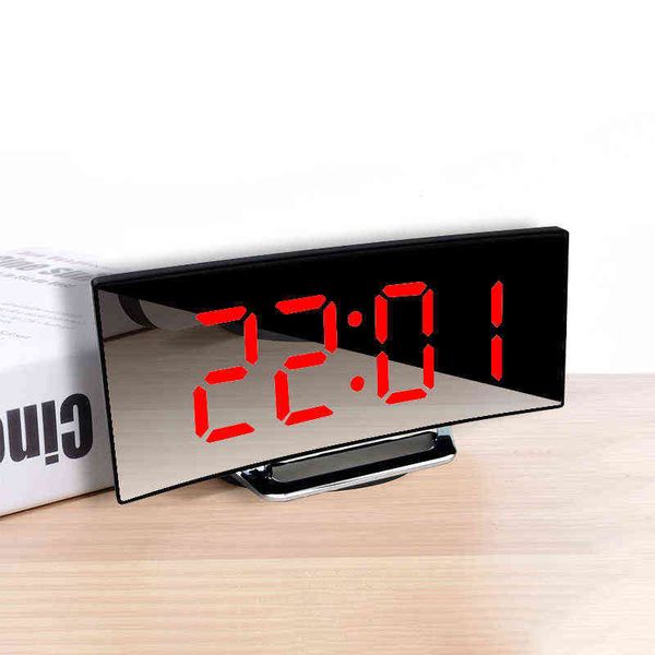 Digital LED alarm clock with curved display, snooze feature, USB charging, ideal for bedroom or living room