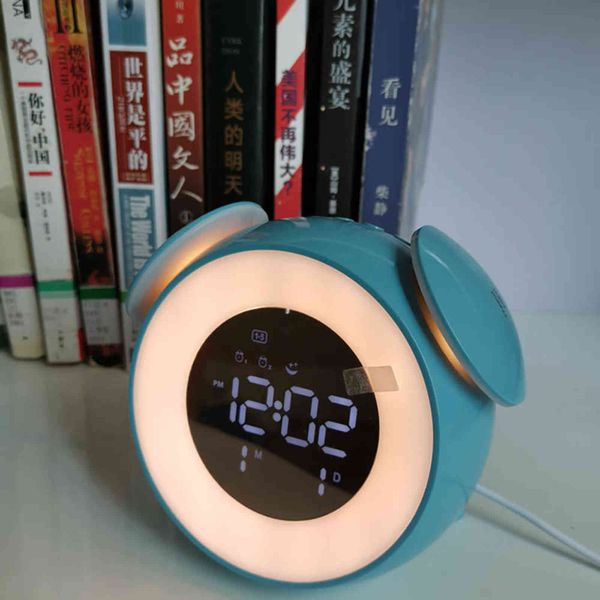 Digital LED bedside alarm clock with sunrise/sunset simulation, music, snooze and calendar display