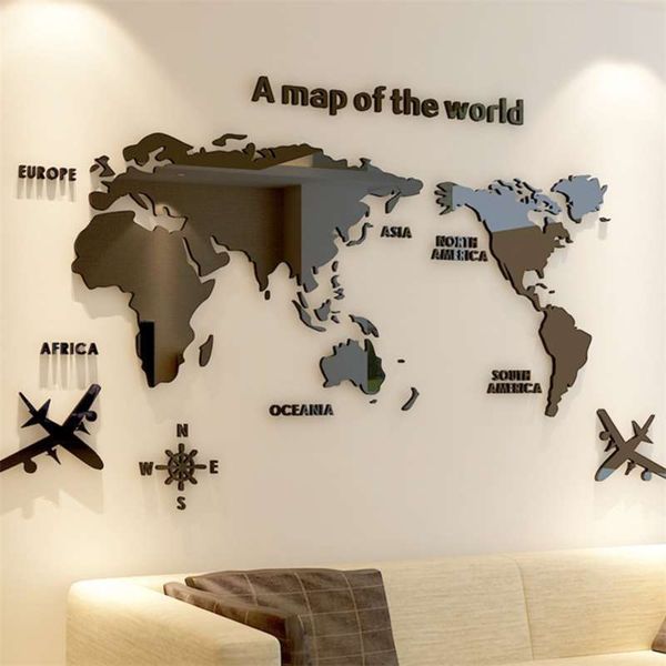 DIY 3D large acrylic world map wall decals for office, living room, TV background, and home decor mirror stickers 210929