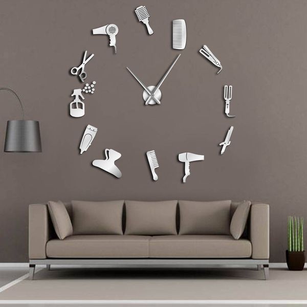 DIY Barber Shop Giant Wall Clock featuring a mirror effect, perfect as decorative wall art for hairdressers