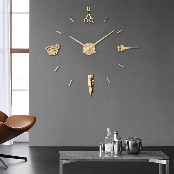 DIY barber shop wall decor featuring a giant frameless clock with shears and pole design for hairdressing salon