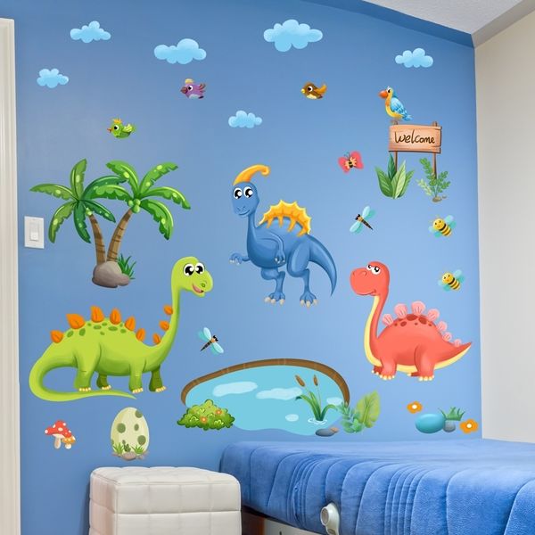 DIY dinosaur animal wall decals featuring cartoon birds and trees for kids' room and nursery decor 201130