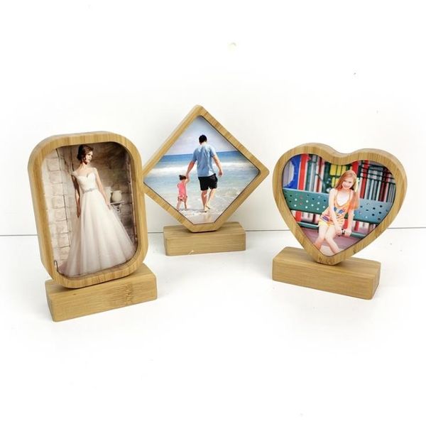 DIY double-sided bamboo sublimation frame with wooden heart base, round magnetic picture painting decor SN3885
